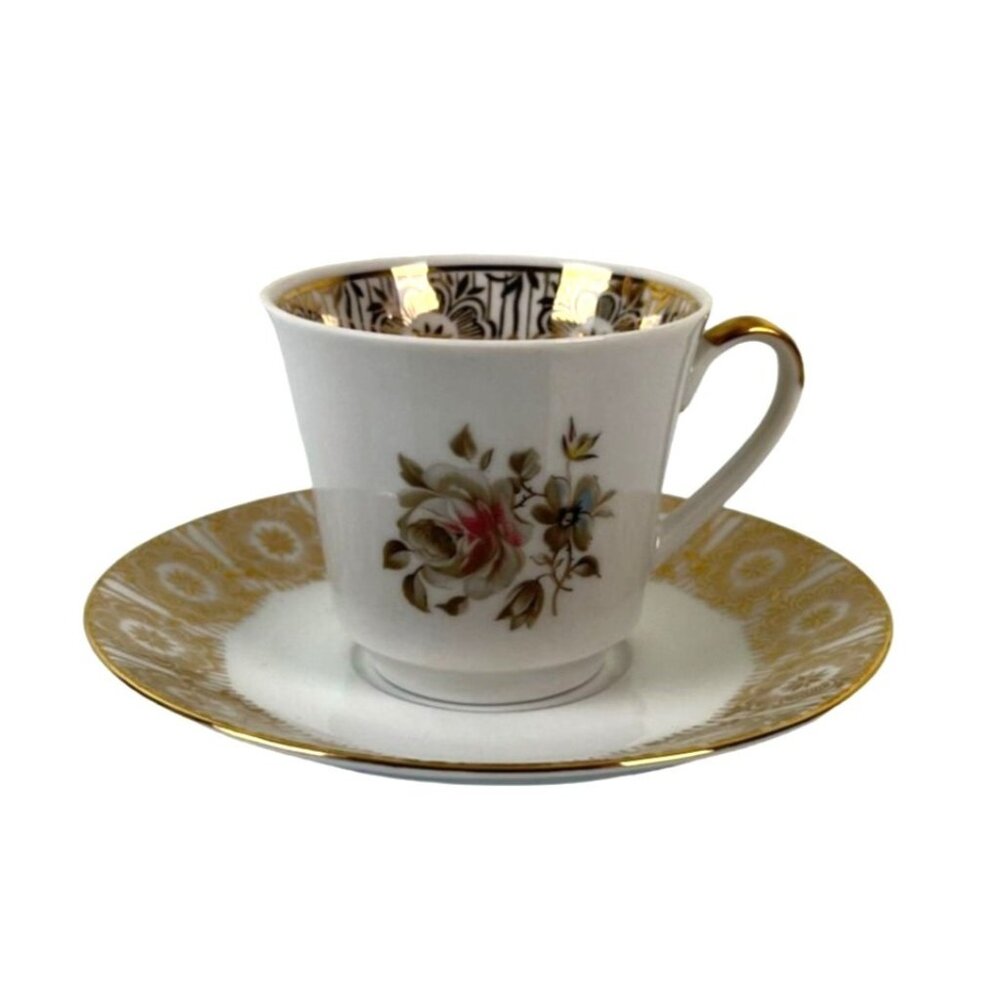 Winterling Kirchenlamitz Bavaria Gold Border Rose Teacup & Saucer Set, Floral Pr